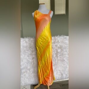 Anthropology Du Paradis Vibrant Yellow and Orange One Shoulder Slip Maxi Dress
